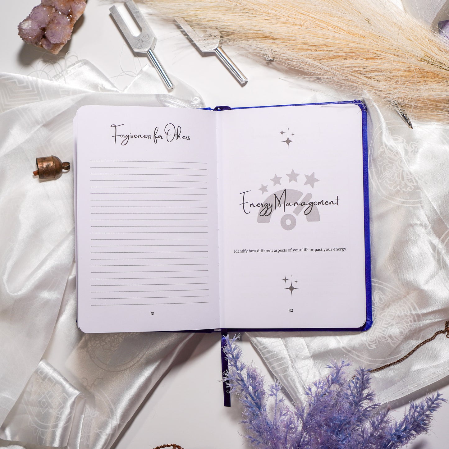 Cosmic starlight opened on energy management section and surrounded by crystal and tuning forks