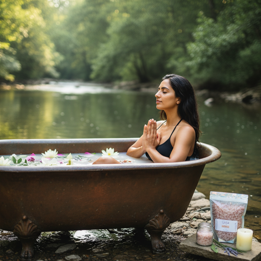 Woman in a bathtub by a river with flowers and bath salts, surrounded by nature.