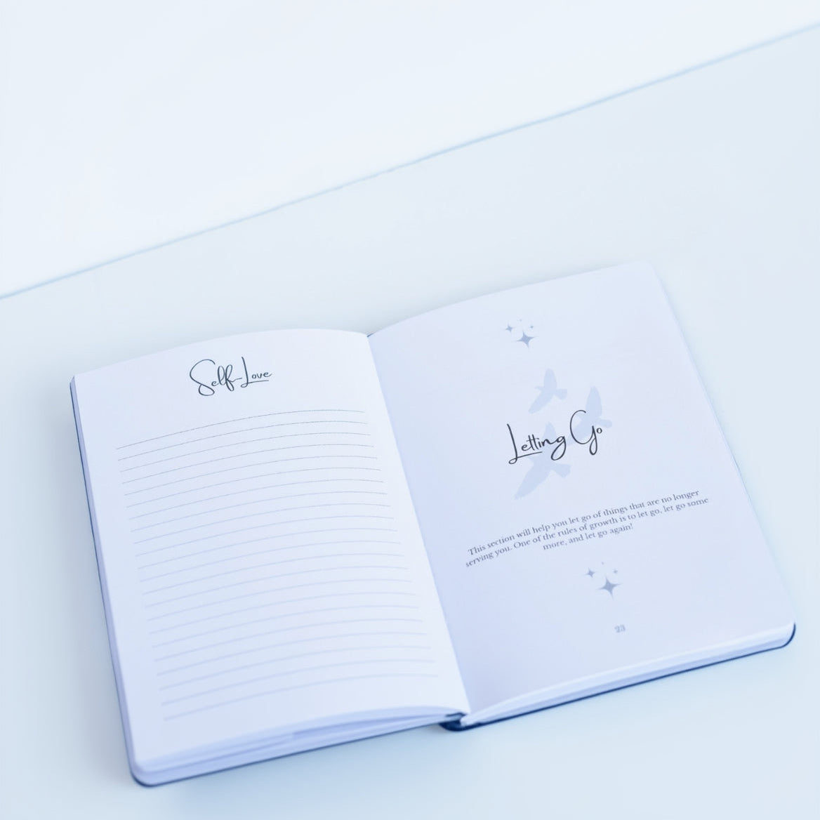 Open notebook with pages titled 'Self-Love' and 'Letting Go' on a white background