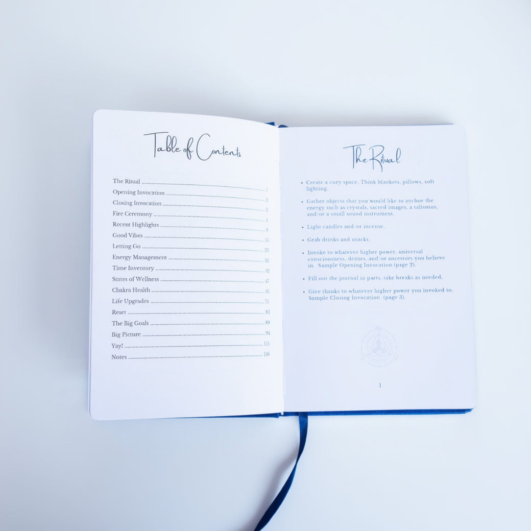 Open book showing a table of contents on a light blue background